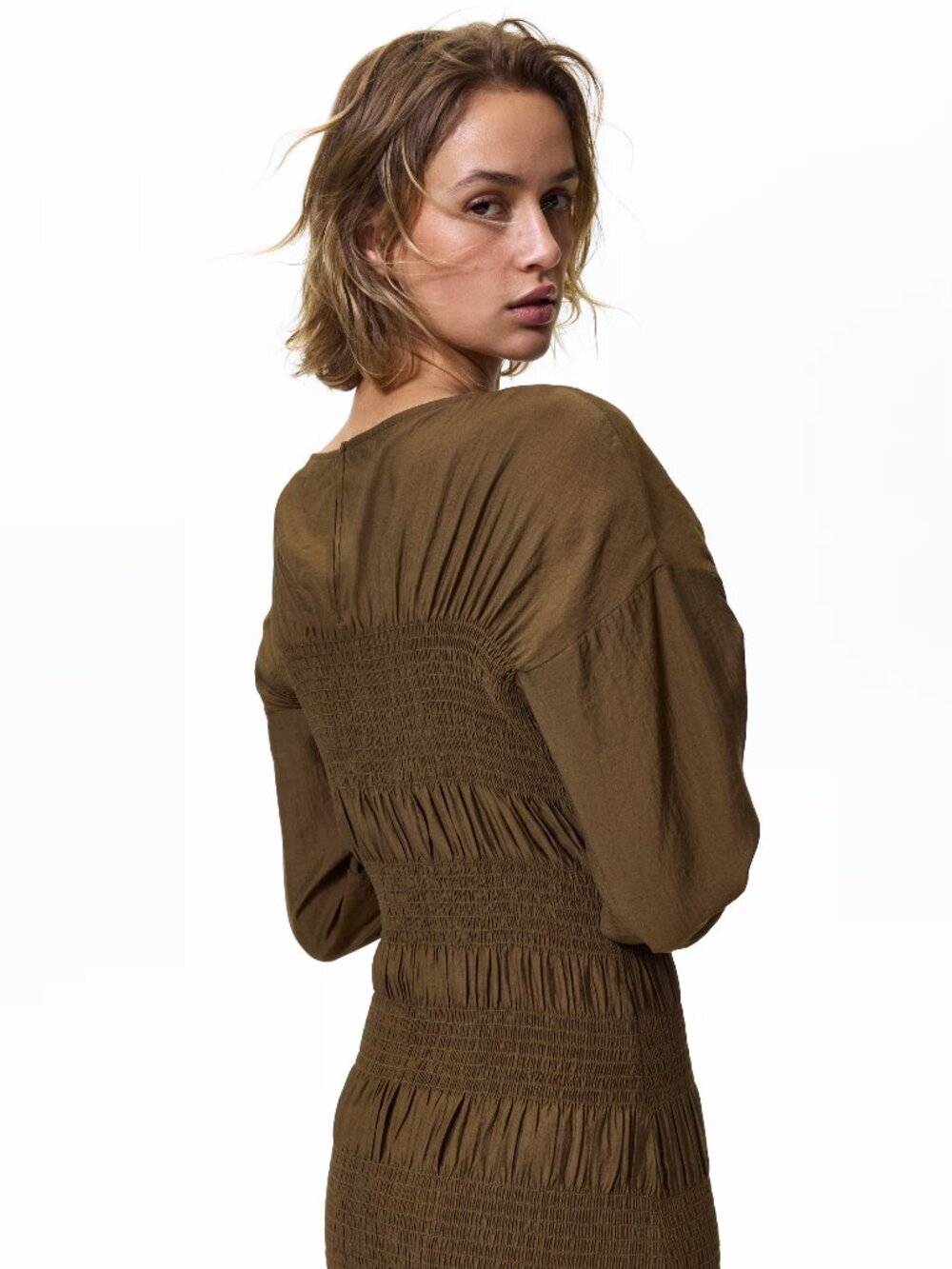 H&M Dark Khaki Green Smocked Midi Dress SizeS